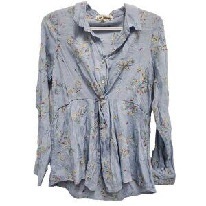 Hope Springs Womens BOHO Top Medium Blue Floral Embroidered Cottagecore Festival